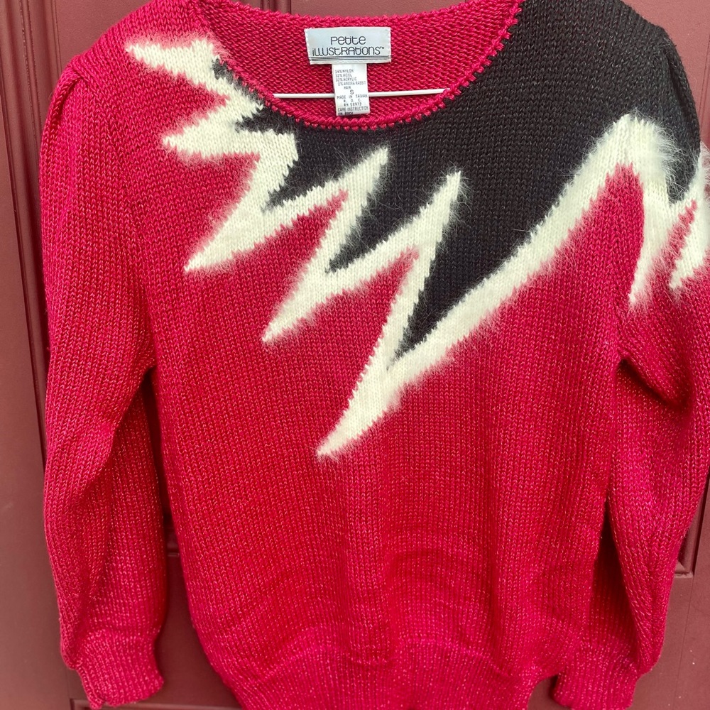 Vintage 1980s sweater Red Black White Lightning Bolt  Petite Illustrations Sz S